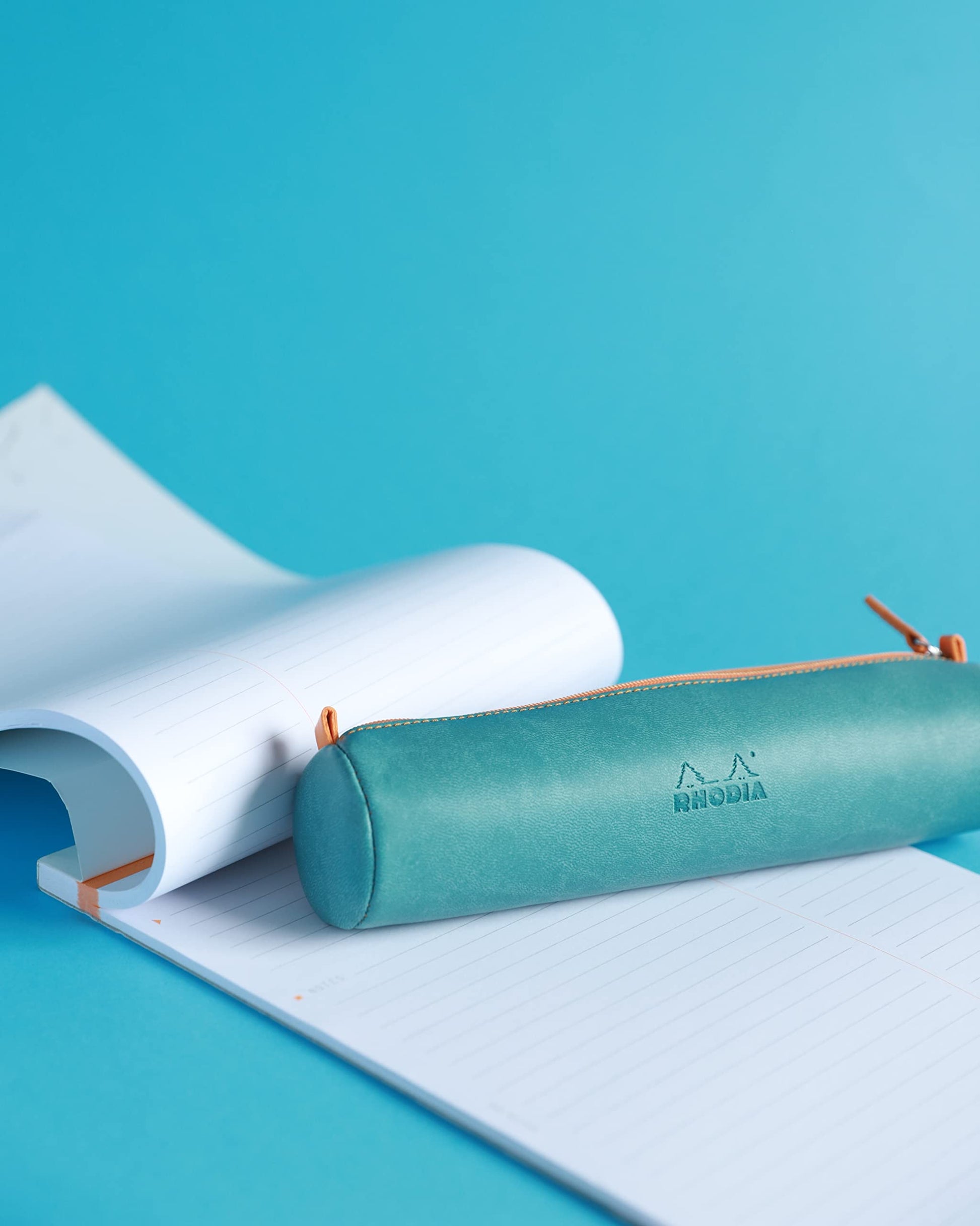 Rhodia 318897C - Rhodiarama Turquoise Round Pencil Case - 21.5 x 5.5 cm - Genuine Orange Stitching