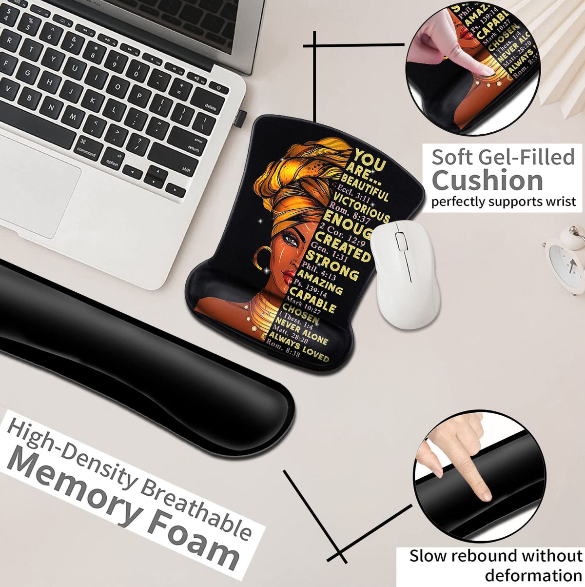 Black Mouse Pad with Stitched Edge, Non-Slip Rubber Base, African American Wall Art Black Woman