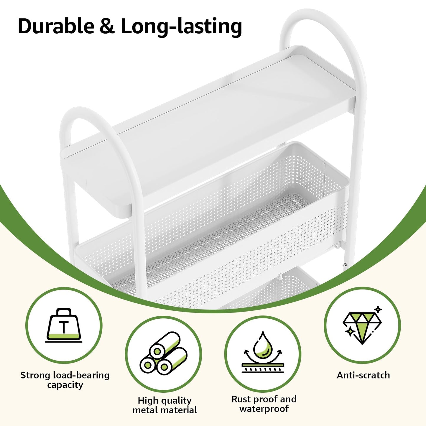KINGRACK 3 Tier Slim Rolling Cart with Drawer, Metal Utility Storage Cart