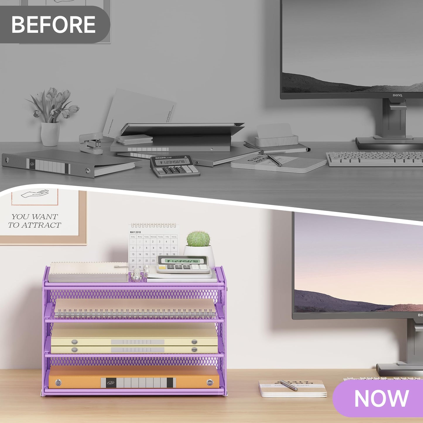 Paper Organizer with Handle,4 Tier Letter Tray Purple Desk Organizer Set