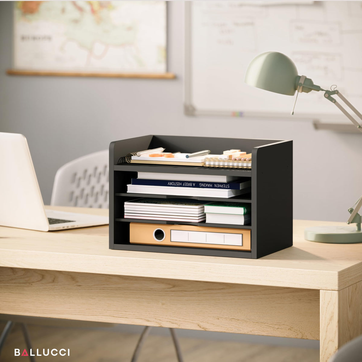 Ballucci File Organizer, 4-Tier Office Desk Organizer, Open Top Wood Paper Organizer for Classroom
