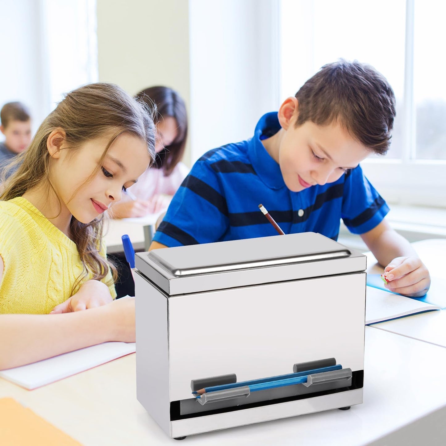 Creproly Pencil Dispenser for Classroom, Stainless Steel Pen Holder, Silver