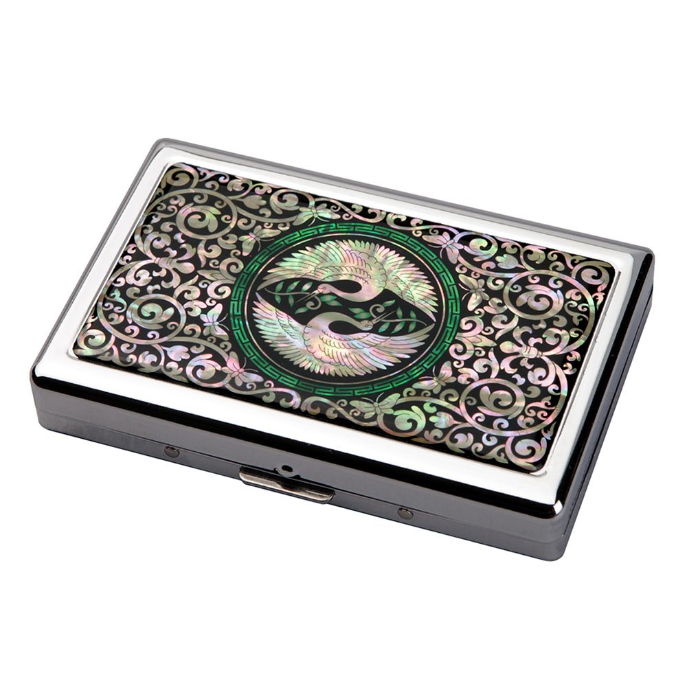 Mother of Pearl Double Crane Bird Extra Long 100S Super Slim King Size 16 Cigarette Engraved Metal