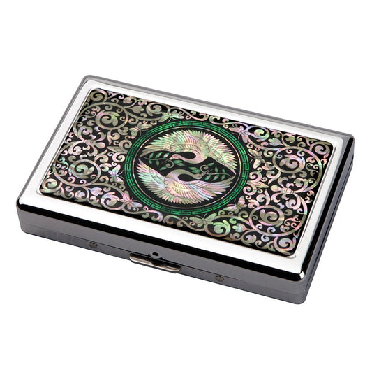 Mother of Pearl Double Crane Bird Extra Long 100S Super Slim King Size 16 Cigarette Engraved Metal