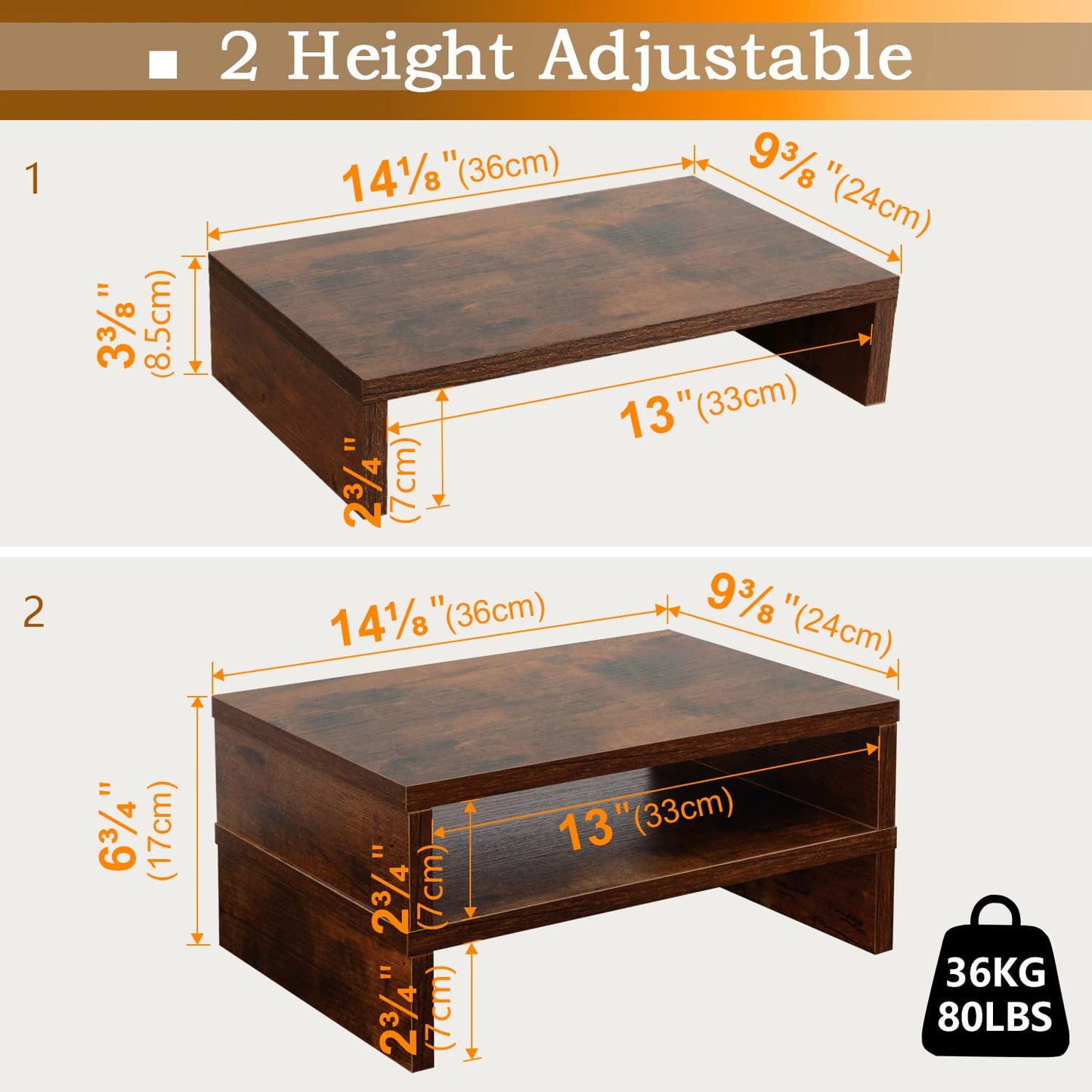 TEAMIX 2-Pack Wood Monitor Riser, Desk Stand for 2 Monitors, Rustic Brown