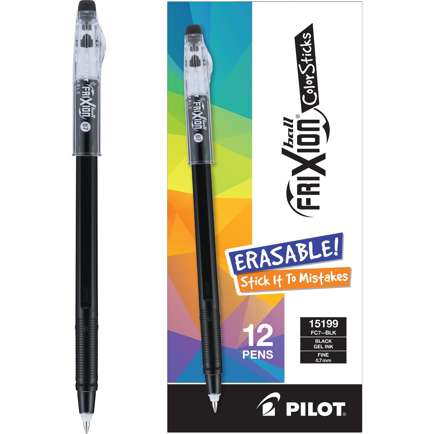 PILOT FriXion ColorSticks Erasable Gel Ink Pens, Black, Pack of 12