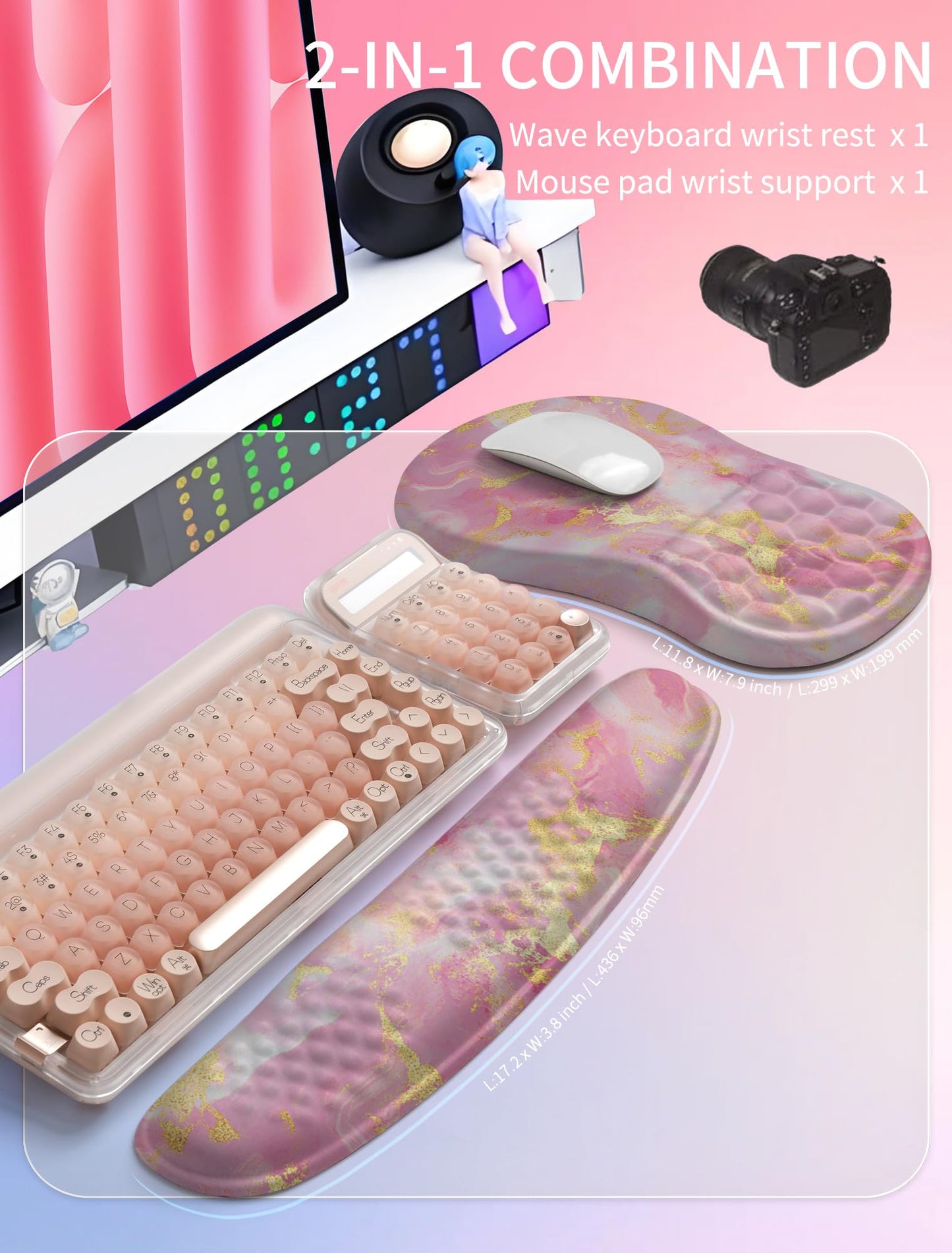 Hokafenle 2in1 Combination, Wave Keyboard Wrist Rest and Ergonomic Curvature Mouse Pad Wrist
