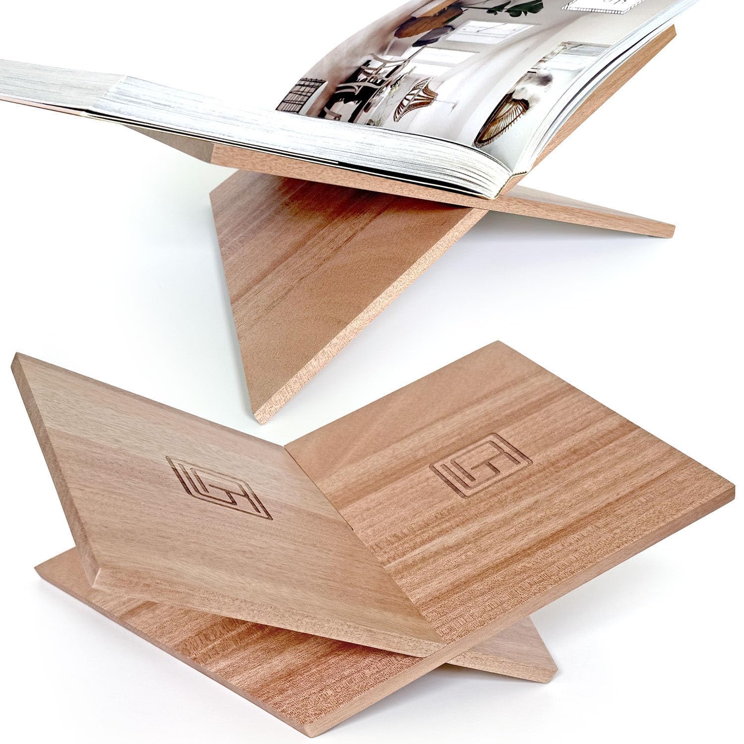Large Wood Book Stand, 12.5" x 9.5" x 5.5”, Angled Natural Mahogany Wooden Book Holder, Open