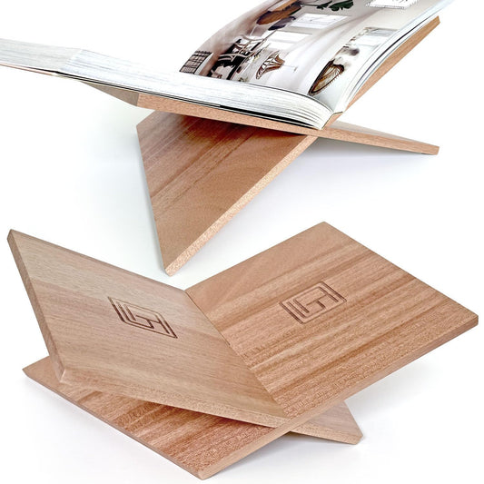 Large Wood Book Stand, 12.5" x 9.5" x 5.5”, Angled Natural Mahogany Wooden Book Holder, Open