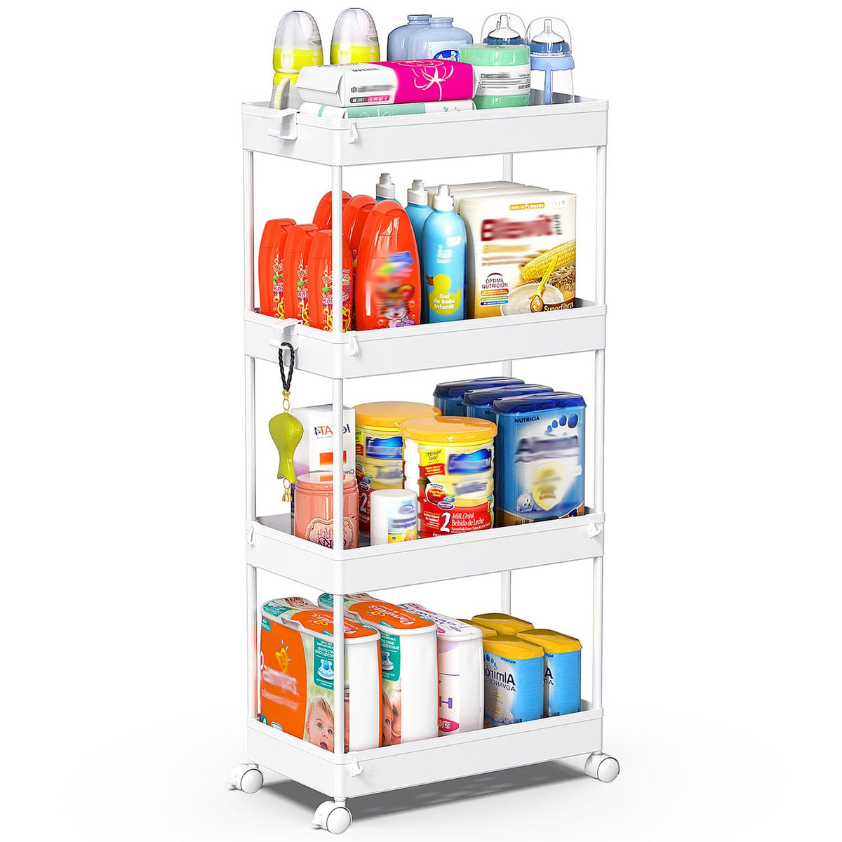 SPACEKEEPER 4 Tier Rolling Cart, Bathroom Cart Organizer with Wheels, White