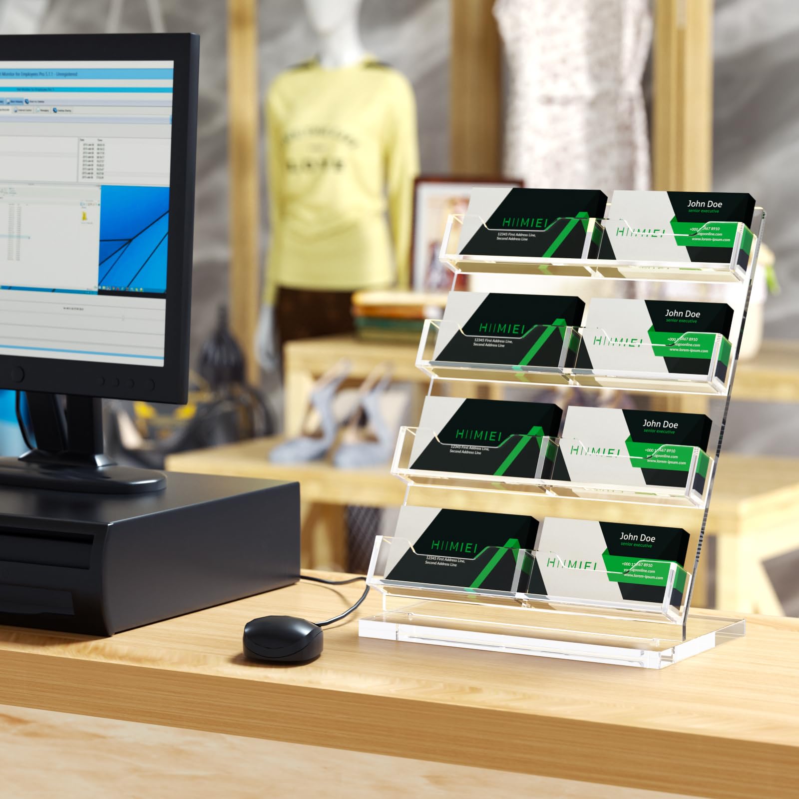 HIIMIEI Business Card Holder Desk, Acrylic Business Card Display, 4 Tier Clear Business Card Stand