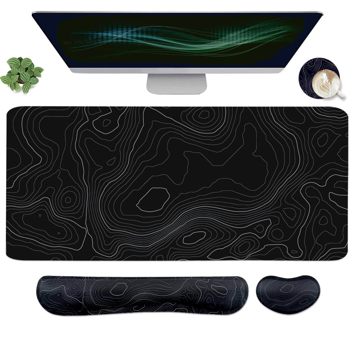 Topographic Mouse Pad Set, Extended Mouse Pad+Keyboard Wrist Rest, Memory Foam Ergonomic Easy