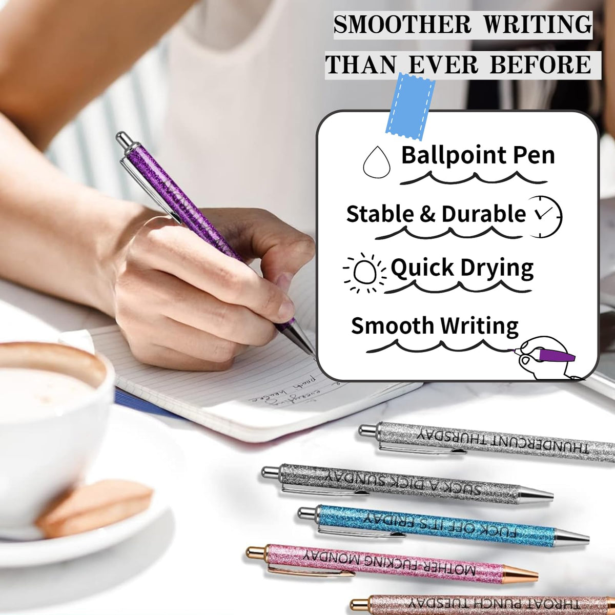 Jxueych 7 Pcs Funny Ballpoint Pen Set Gift for Coworker, Days of The Week Daily Glitter Pen, Black