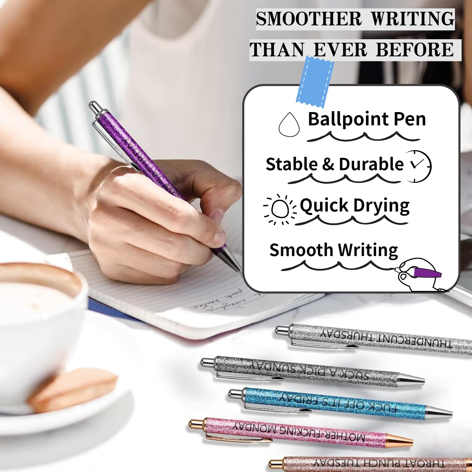 Jxueych 7 Pcs Funny Ballpoint Pen Set Gift for Coworker, Days of The Week Daily Glitter Pen, Black