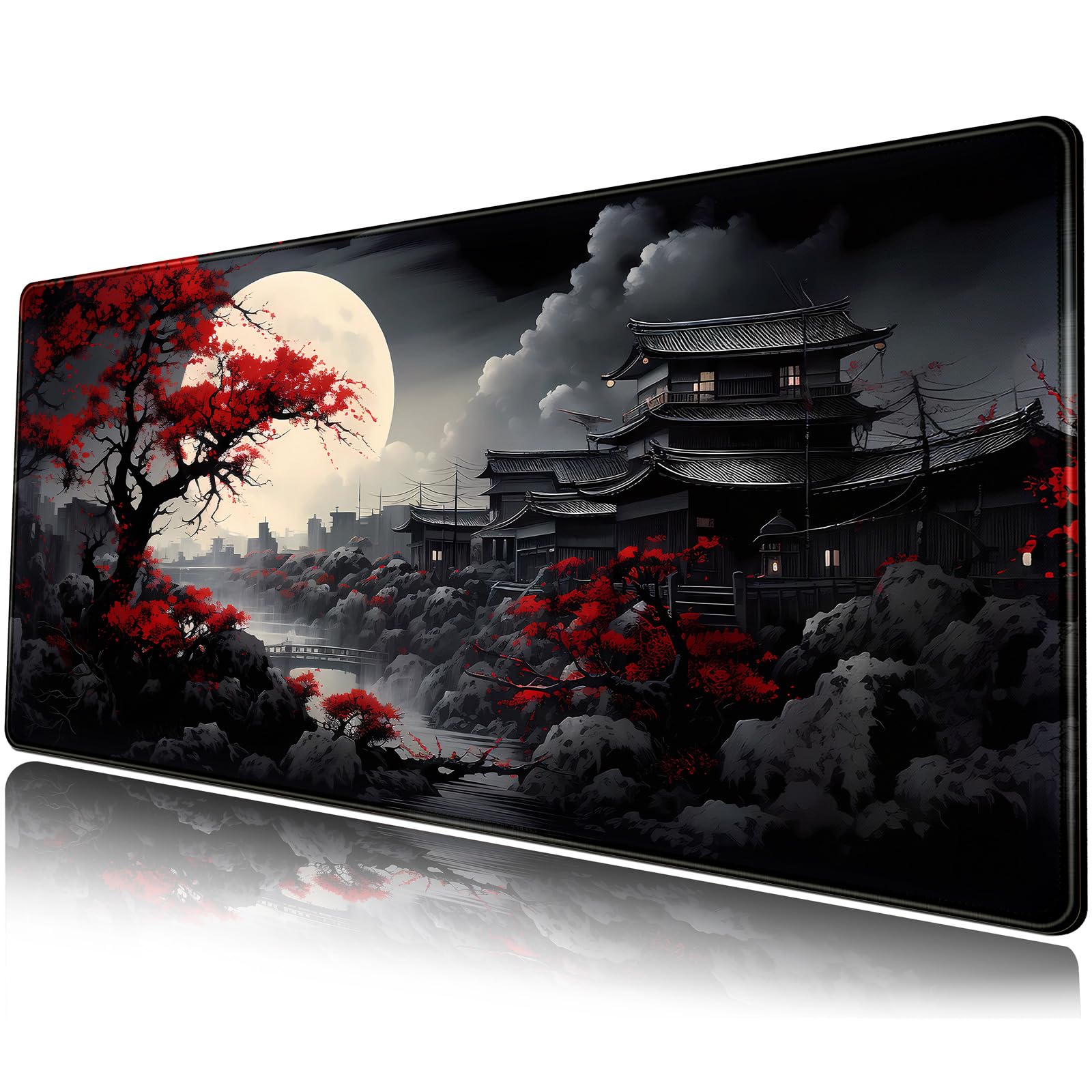 Riverside Full Moon Desk Mat Japanese Desk Pad Black Red Large Mouse Pad Gaming Mousepad Extended