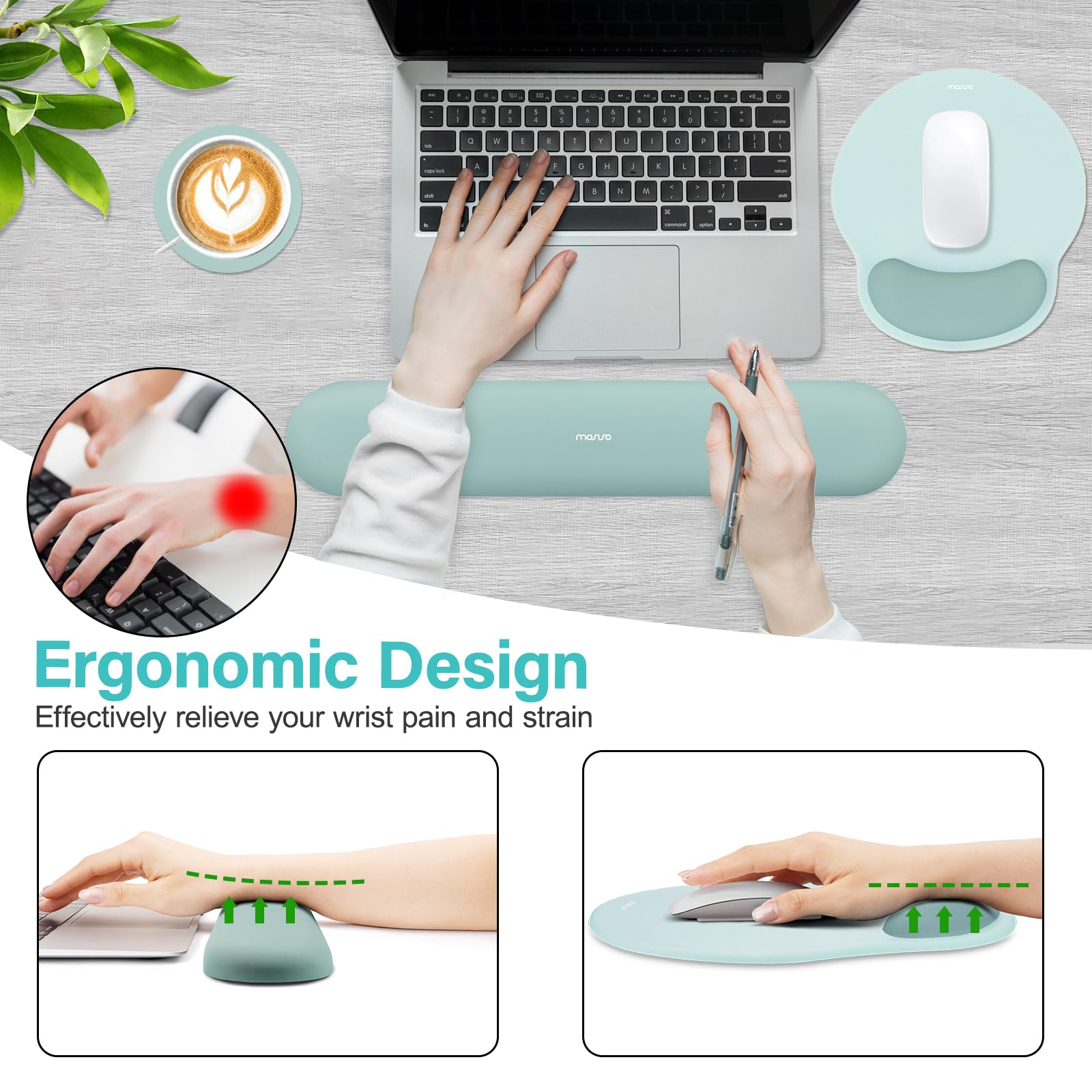 MOSISO Wrist Rest Support for Mouse Pad&Keyboard Set, Aquamarine