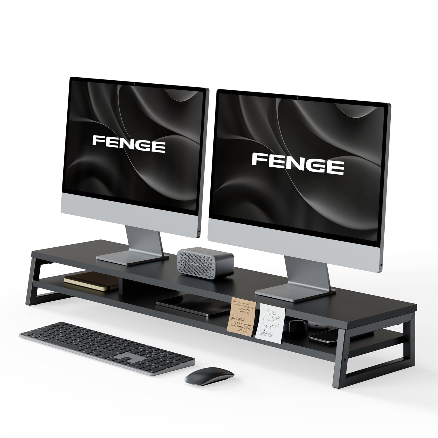 Fenge Dual Monitor Riser for Desk, Open Shelf with 3 Storage Compartments
