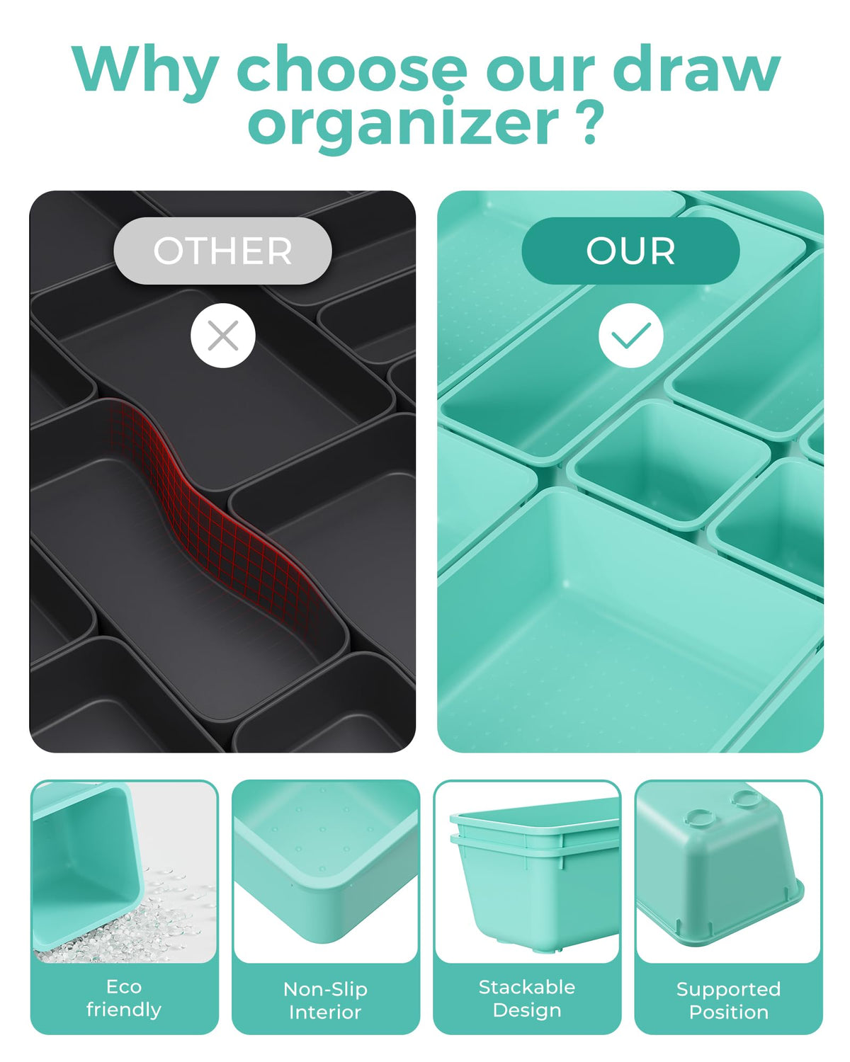 BiuLeon 25 PCS Plastic Drawer Organizers Set, 4-Sizes Vanity and Makeup Organizer, Desk and