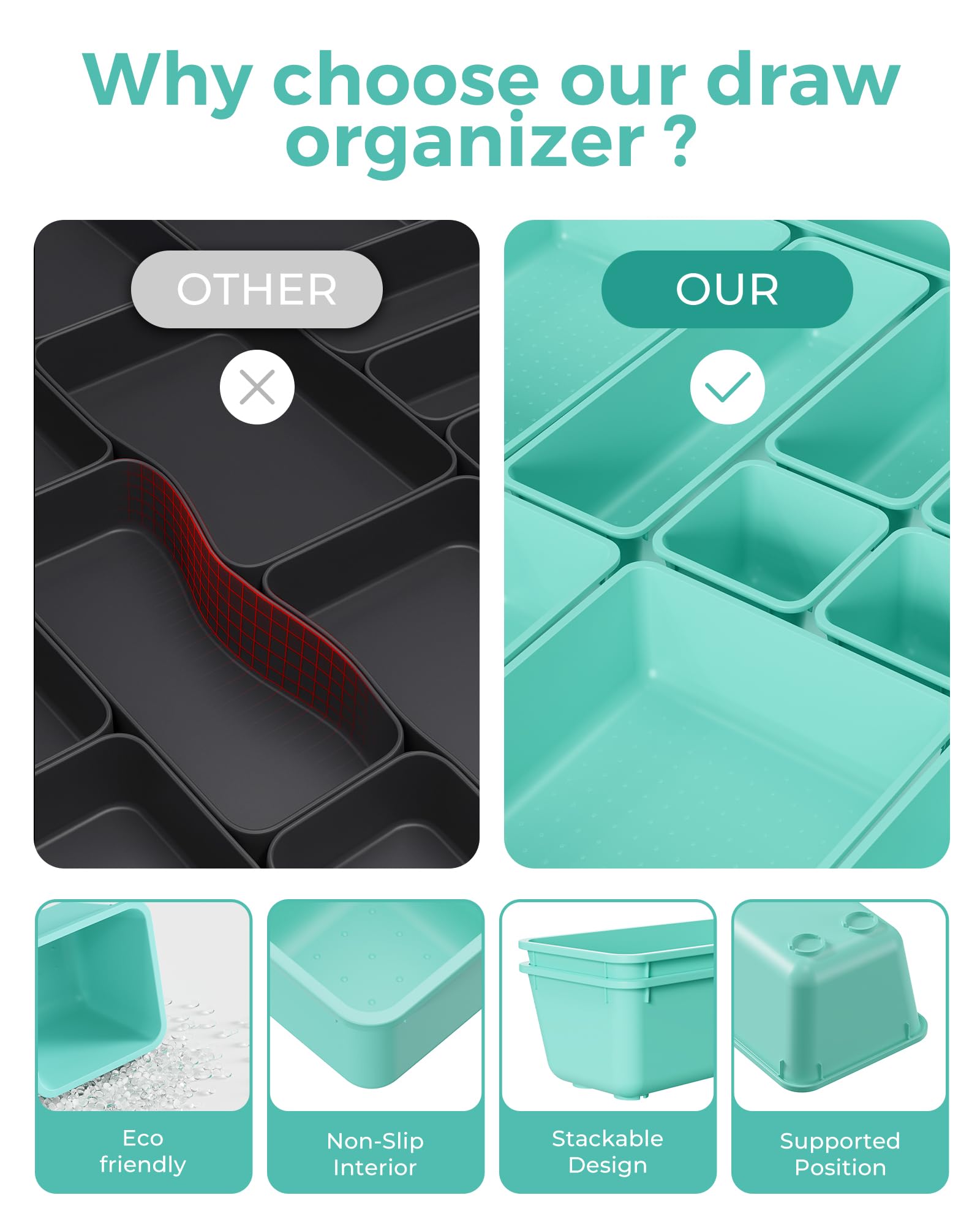 BiuLeon 25 PCS Plastic Drawer Organizers Set, 4-Sizes Vanity and Makeup Organizer, Desk and