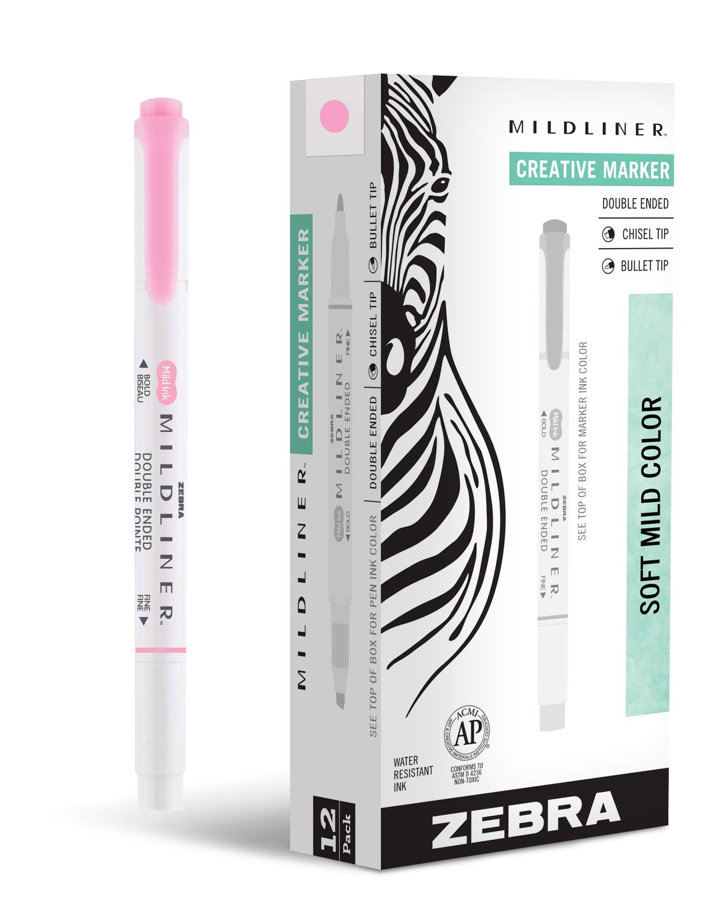 Zebra Pen MILDLINER No Bleed Highlighter, Pink Color, Dual Tip, 12-Pack