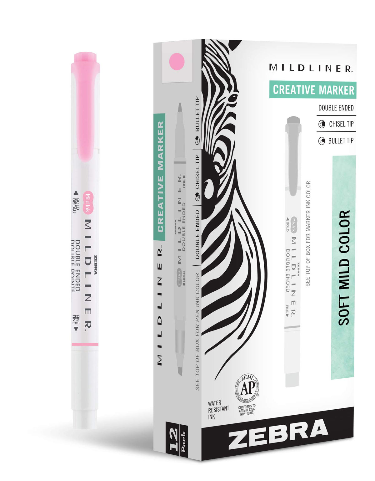 Zebra Pen MILDLINER No Bleed Highlighter, Pink Color, Dual Tip, 12-Pack