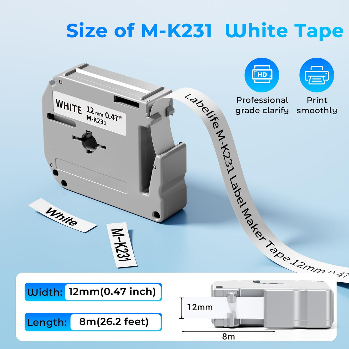 Labelife M-K231 MK231 Label Tape White Replace for Brother M Tape 12mm 0.47