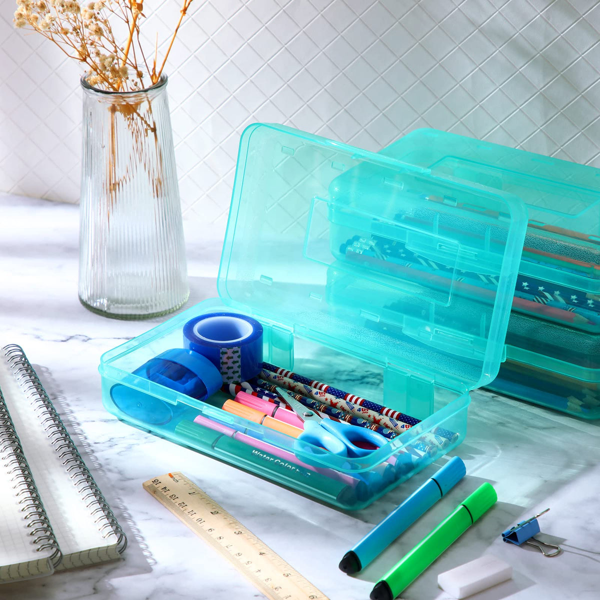 Leelosp 12 Pack Pencil Boxes Bulk, Large Plastic Case,Jade