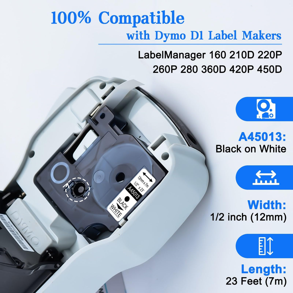 GREENCYCLE 5 Pack Compatible for DYMO D1 45013 S0720530 Label Maker Tape 45013s A45013 Black on