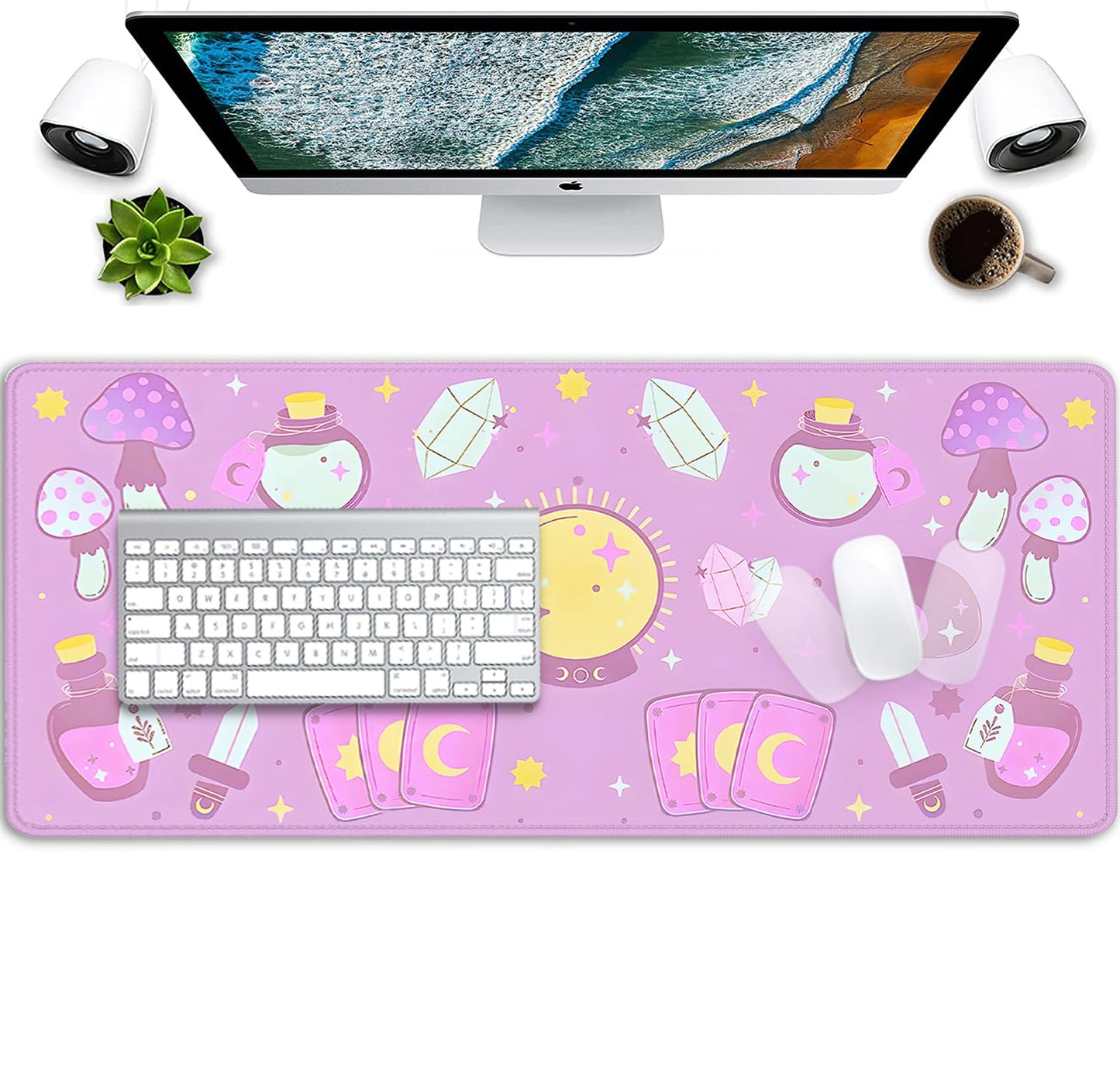 Kawaii Purple Desk Mat,Desktop Mat for Cute Witchy Elements Mouse Pad,Extended Keyboard Mousepad