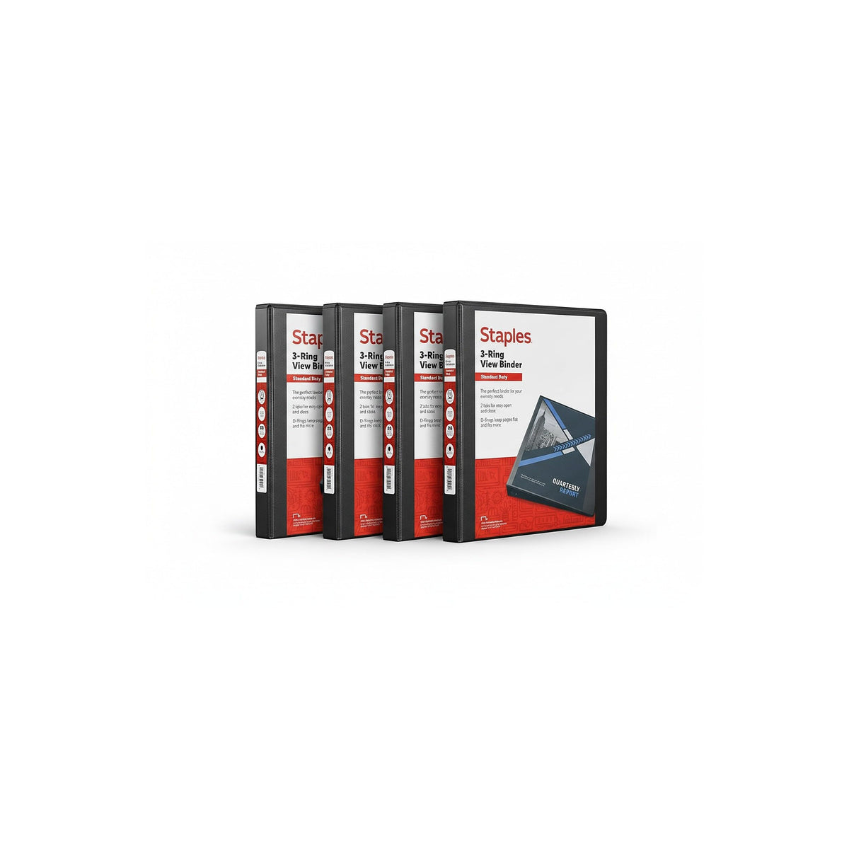 Staples 1" 3-Ring View Binder, D-Ring, Black, 4/Pack