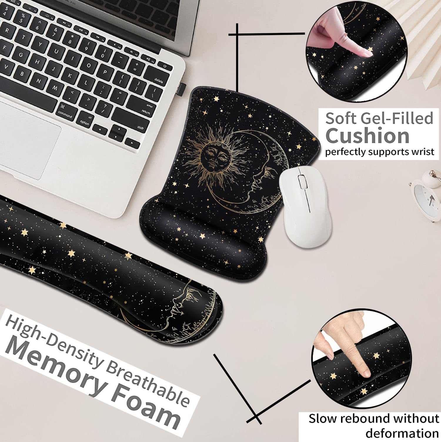Black Mouse Pad with Stitched Edge, Non-Slip Rubber Base Mythic Celestial The Sun and Moon Twelve