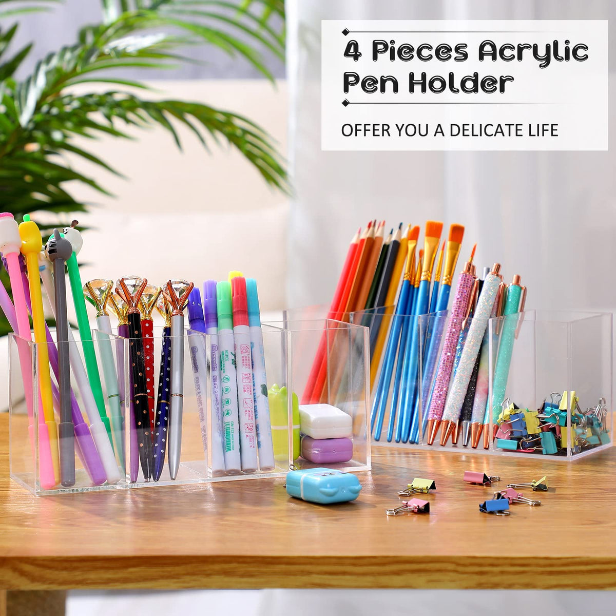 Pajean 4 Pack Clear Acrylic Pencil Holders, 4 Compartment Desk Organizer