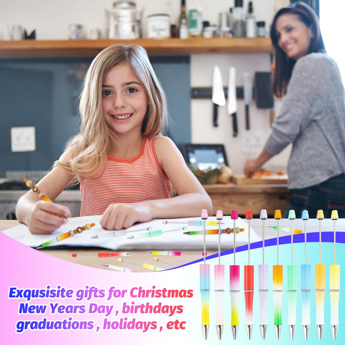 DASTTUIS 150 Pieces DIY Beadable Pens Kit - 50 plastic Beadable Pens Bulk, Refills & pen bags