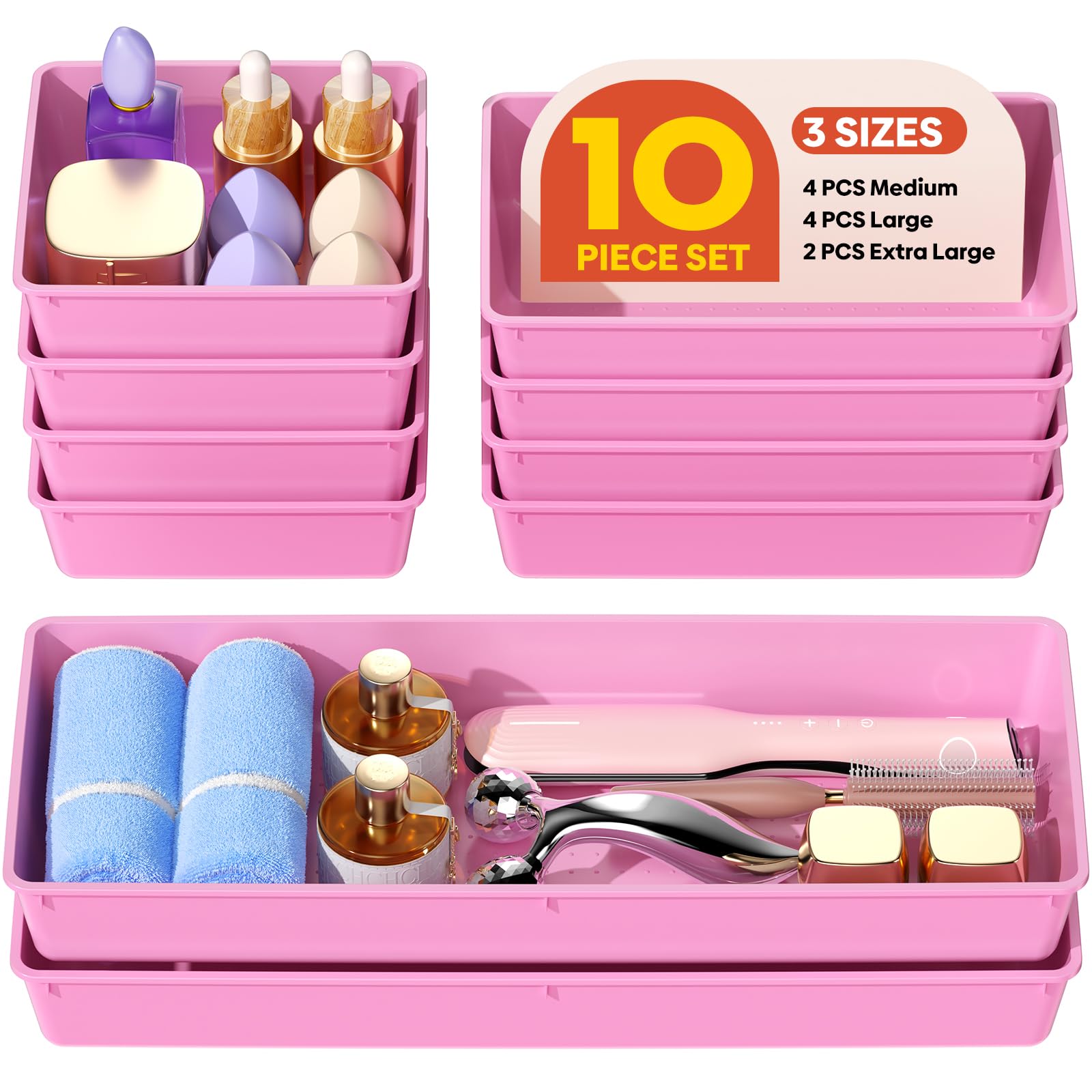MLIKLU 10 Pack Large Size Plastic Drawer Organizers Set, 3 Sizes Desk Drawer Organizer Trays