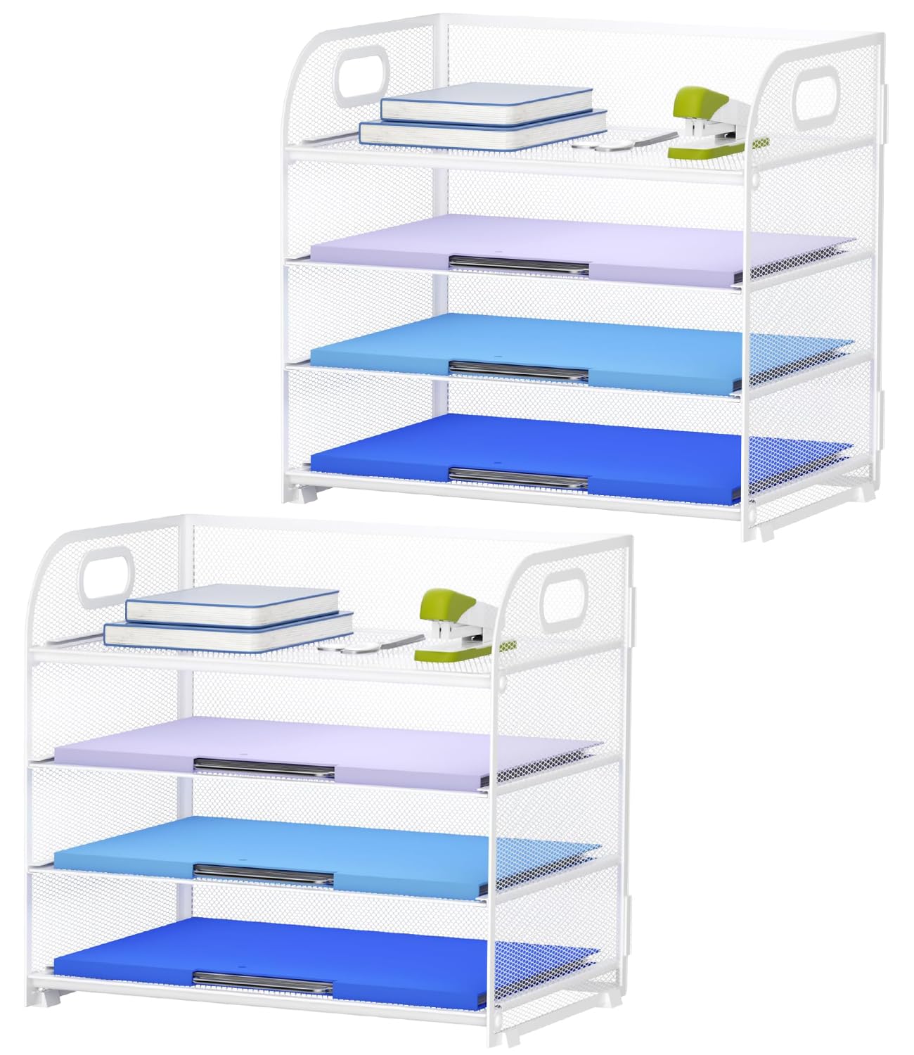 Marbrasse 2 Pack 4 Tier Paper Organizer Letter Tray - Mesh Desk File Organizer with Handle, Paper