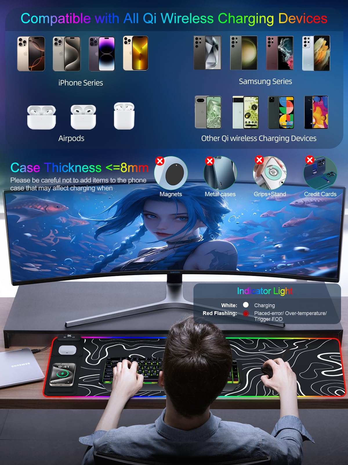XXL Mouse Pad with Phone Holder - Black, RGB Desk Mat with 15W Fast Charging, LED Gaming Mousepad