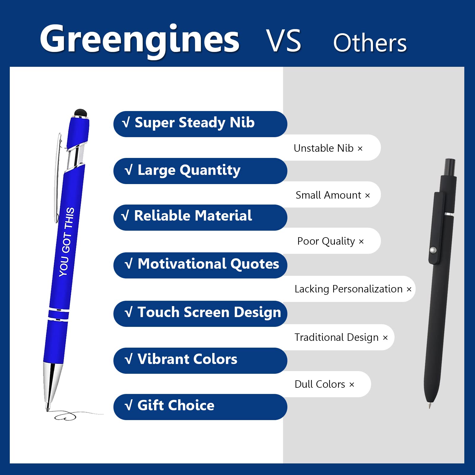 Greengines 50 PCS Inspirational Pens Bulk with Stylus Tip Gifts Black Ink