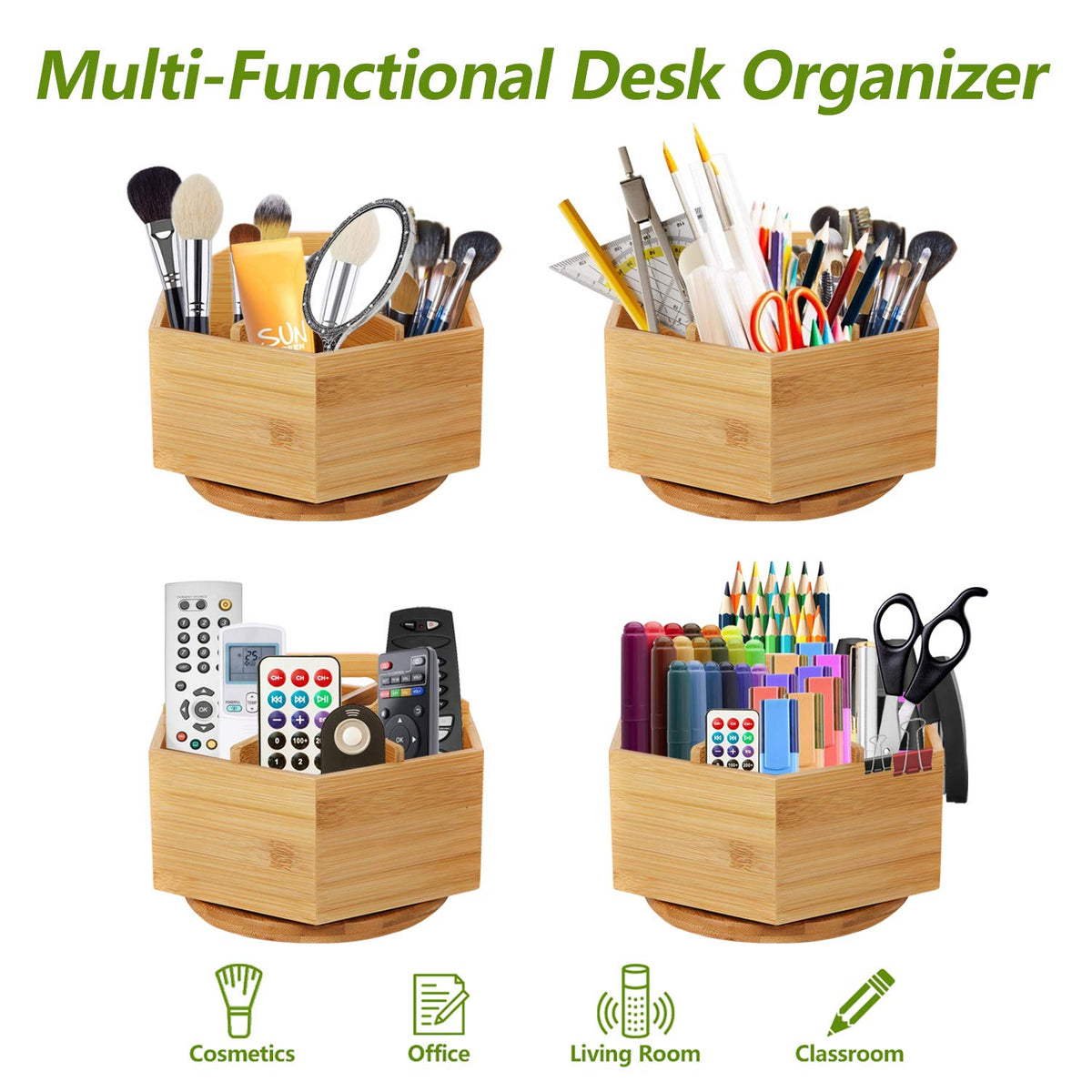 Marbrasse Bamboo Art Supply Organizer, Rotating Pencil Pen Holder, Office Supplies Desktop Storage