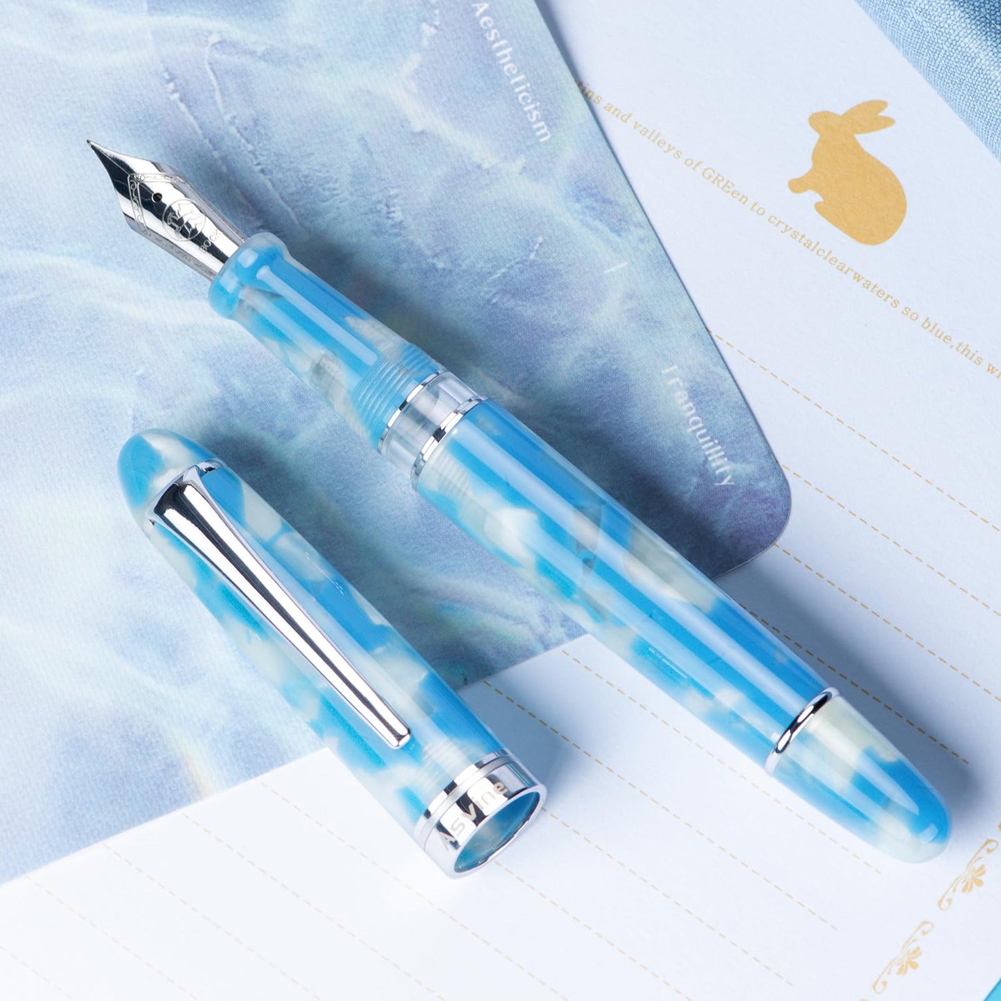Asvine P50 Piston Fountain Pen Bock Medium Nib Sky Blue Resin, Silver Trim Smooth Writer Collection