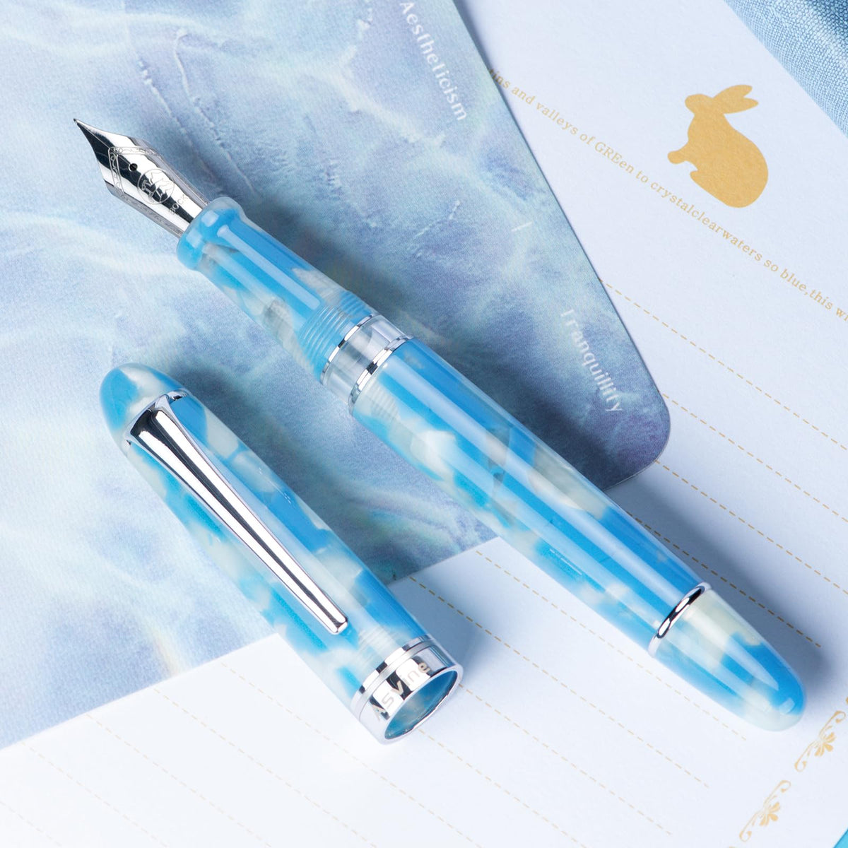 Asvine P50 Piston Fountain Pen Bock Medium Nib Sky Blue Resin, Silver Trim Smooth Writer Collection