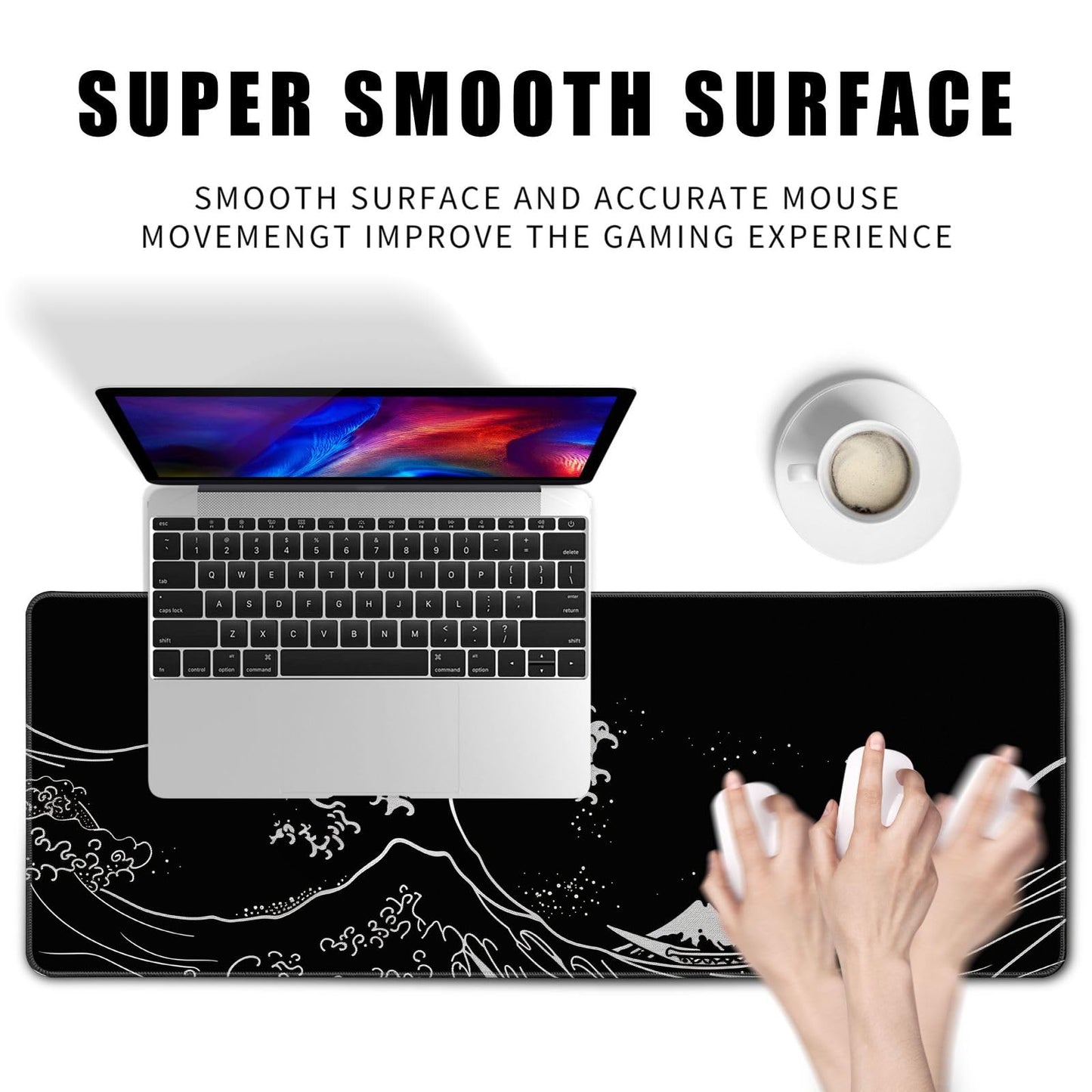 Japanese Sea Wave Gaming Mouse Pad Kanagawa Black Desk Mat Kawaii Mousepad Mouse Pad, Extra Large