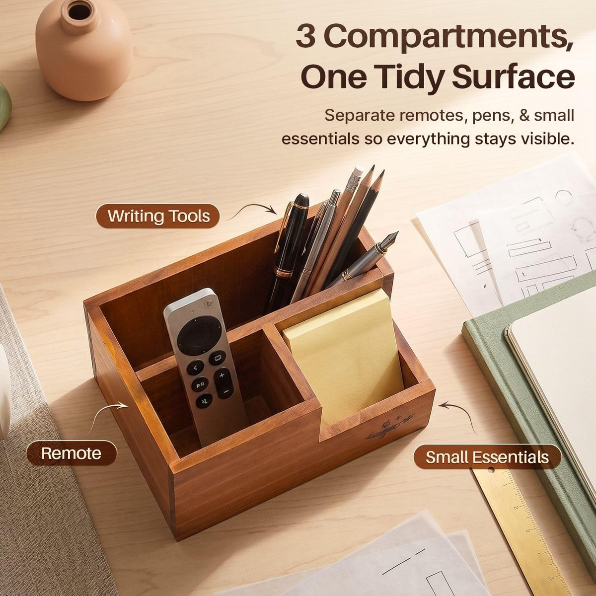 Flexzion Rustic Wooden Pencil Holder for Office - 3 Slots - Desk and Table Storage Organizer