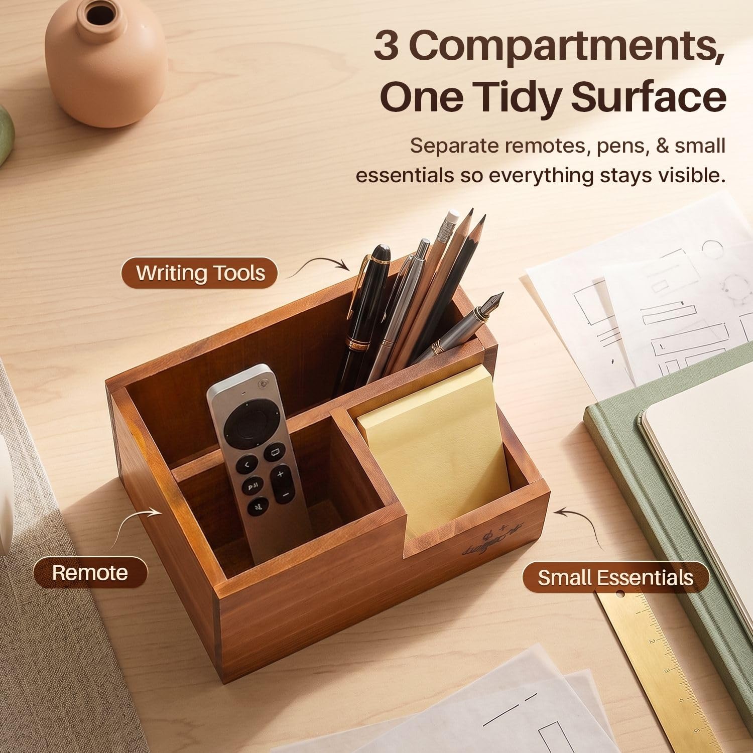 Flexzion Rustic Wooden Pencil Holder for Office - 3 Slots - Desk and Table Storage Organizer