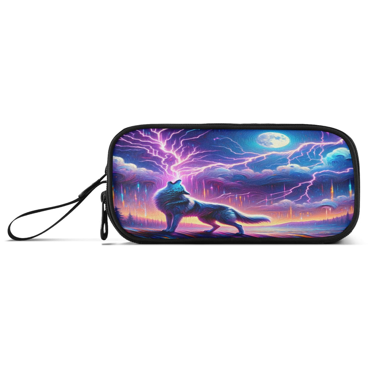 Wolf Howling Moon Lightning Pencil Case Box Boys Girls Large Pencil Pouch with Zipper Compartments