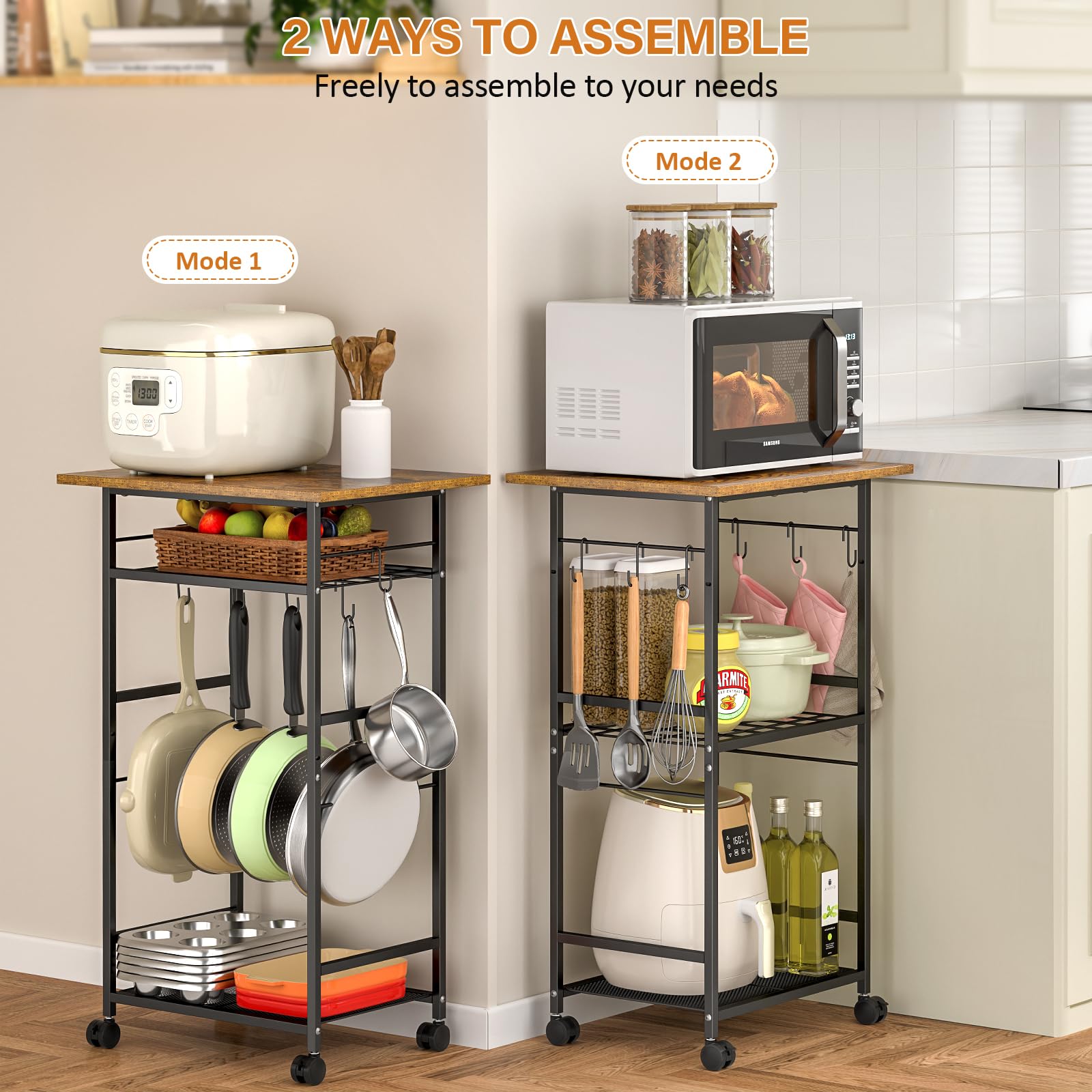 ThreeHio Rolling Kitchen Microwave Cart, 3 Tier Microwave Table Stand with Adjustable Shelf