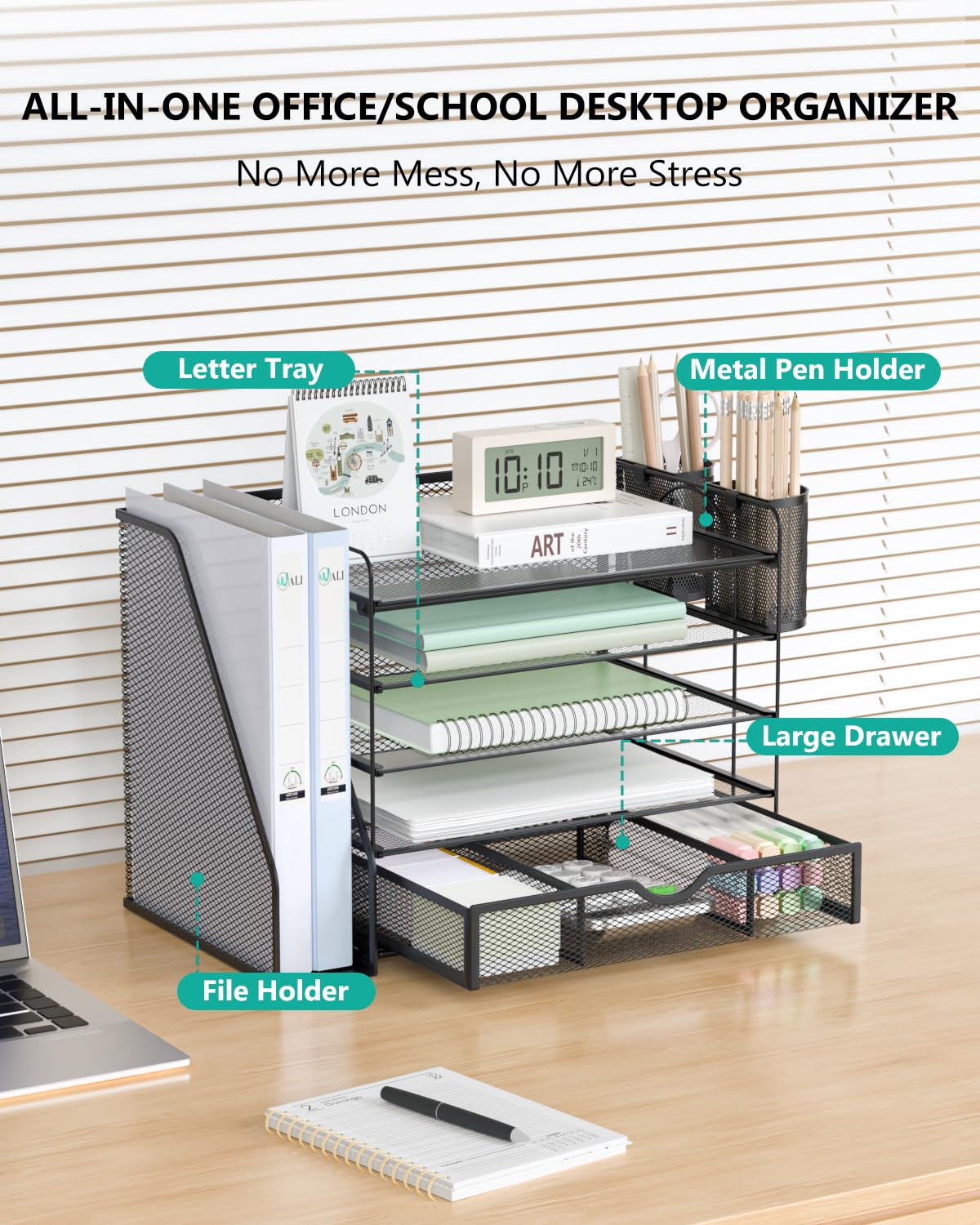WALI Desk File Organizer, 5 Tier Desktop Paper Letter Tray Organizer with Drawer and 2 Pen Holders