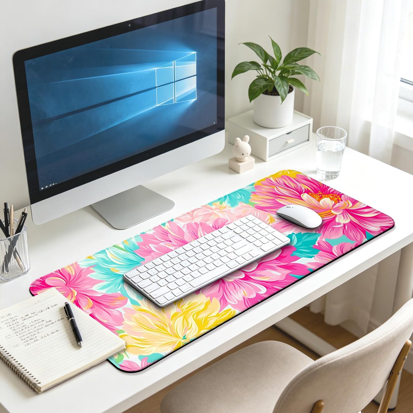 JIANG100 Flower Gaming Desk Mat, XL Large Extended Floral Mouse Pad, Pink