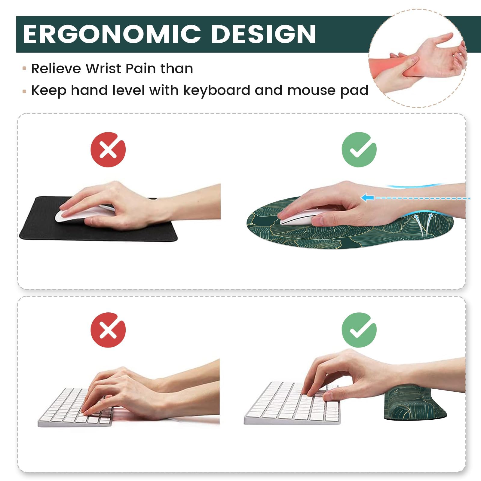 iLeadon Ergonomic Mouse Pad with Wrist Support, Green Leaves Desk Mat Set