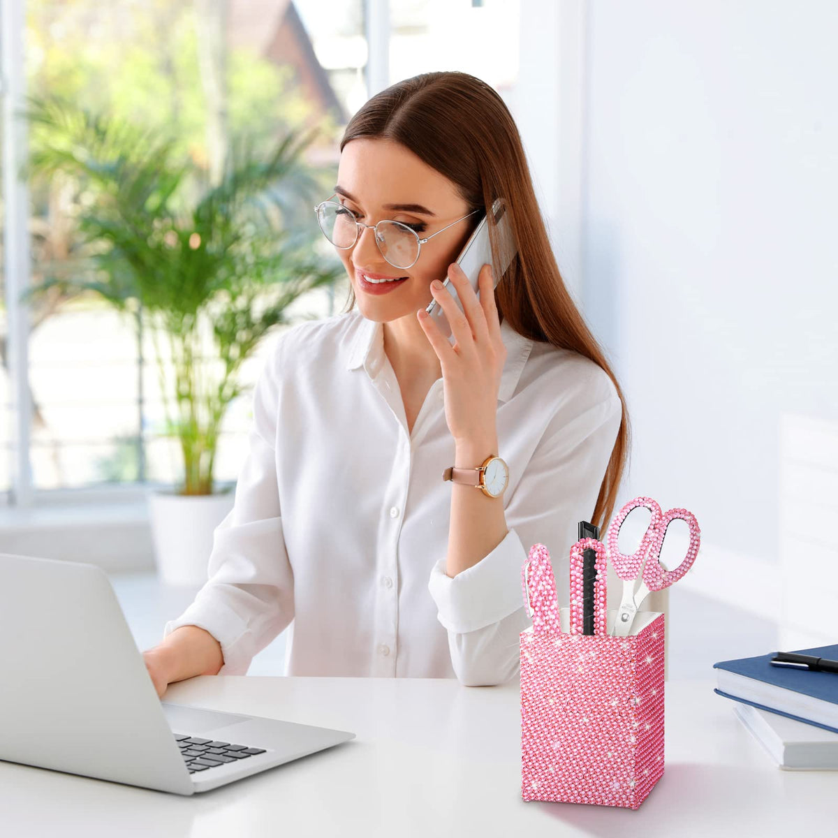 Demissle Pink 7 Pcs Bling Desk Accessories Set Office Kit for Women