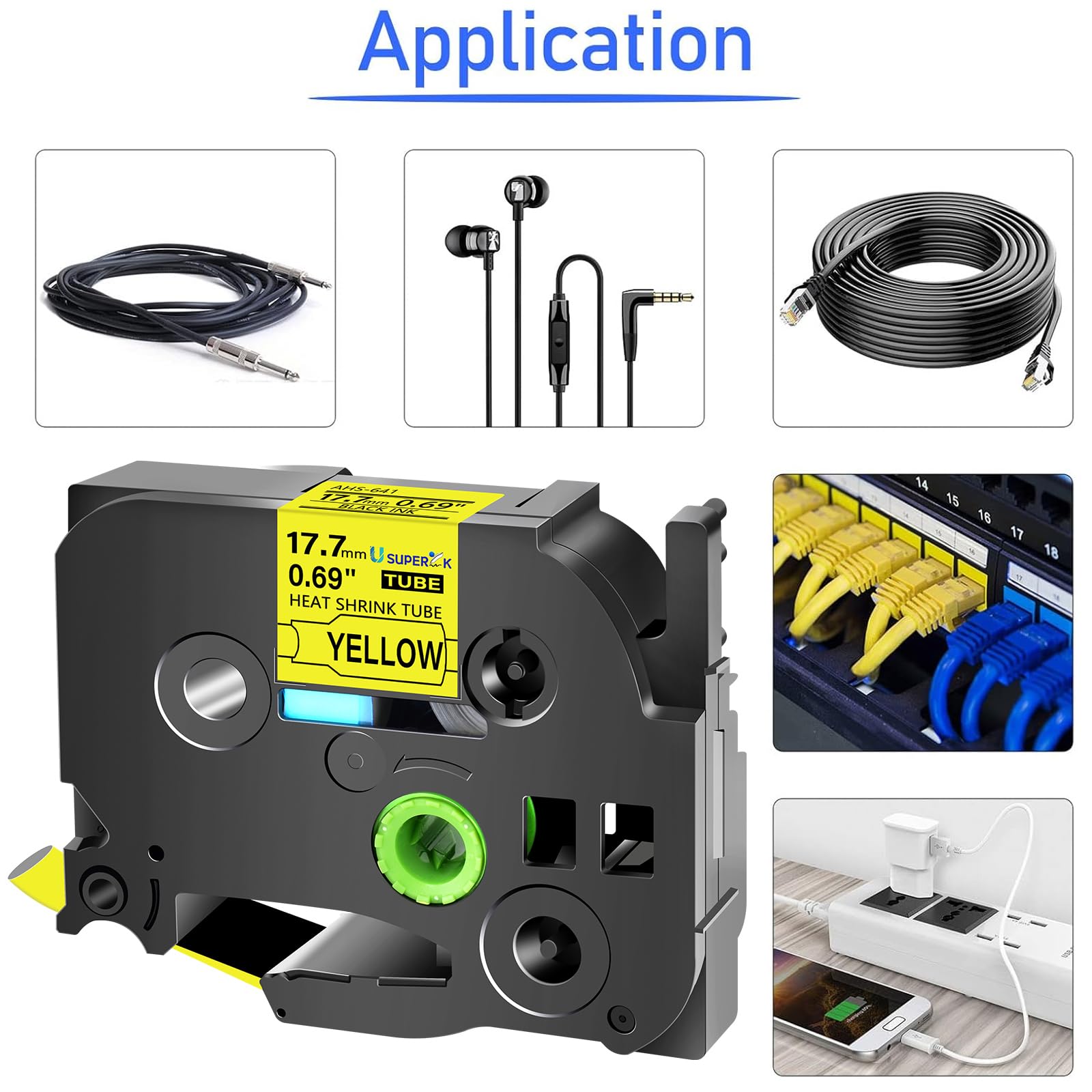 USUPERINK 2 Pack Compatible for HSe-641 HSe641 HS-641 HS641 Black on Yellow (17.7mm 0.69''x 1.5m